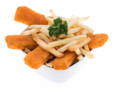 Fish and Chips in a bowl isolated on whiteの写真素材