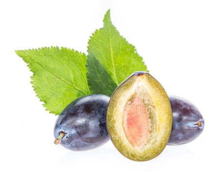 Some Plums with leaves isolated on whiteの写真素材