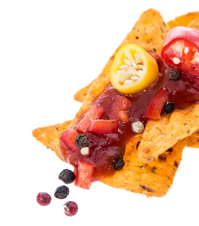 Small heap of Nachos with Salsa isolated on whiteの写真素材