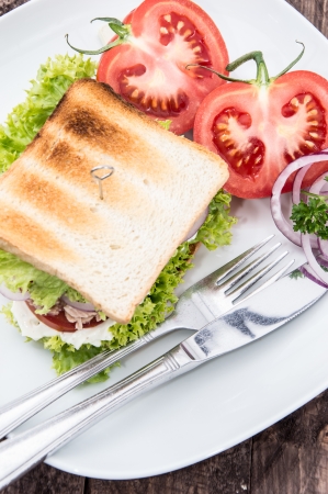 Tuna Sandwich on a plate against woodの写真素材