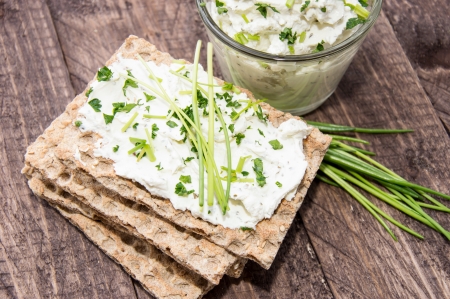 Healthy breakfast with Crispbread and Cream Cheese an woodの写真素材