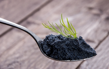 Caviar and Dill on a Spoon against wooden backgroundの写真素材