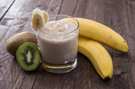 Fresh made fruity milkshake with bananas and Kiwiの写真素材