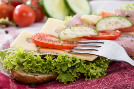 Fresh Sandwich with Ham and Cheese decorated with fresh tomatoesの写真素材