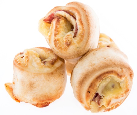 Pizza Bread filled with Tomato Sauce, Cheese and Salami (isolated on white)の写真素材