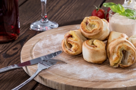 Pizza Bread filled with Tomato Sauce, Cheese and Salamiの写真素材