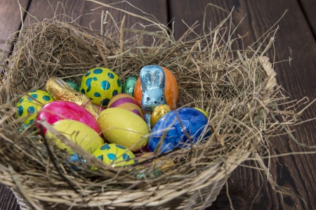 Easter Nest with different Chocolate Sweetsの写真素材