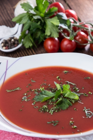 Plate with fresh homemade Tomato Soupの写真素材