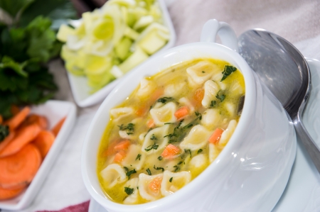 Portion of fresh Chicken Soupの写真素材