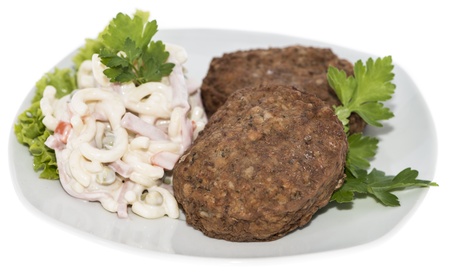 Burgers with fresh made Pasta Salad isolated on white