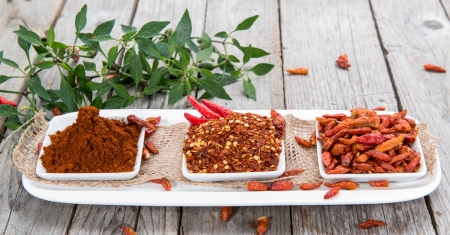 Fresh Chilli Spice on wooden backgroundの写真素材