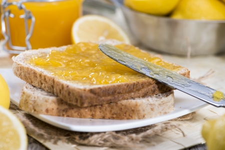 Fruity homemade Lemon Jam with some fresh fruitsの写真素材