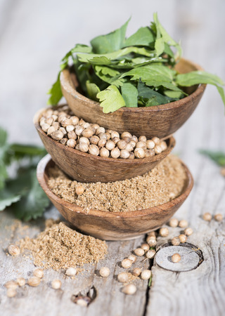 Coriander (fresh leafes, powder and grains) in small Bowlsの写真素材
