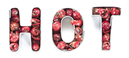 HOT-Sign (made out of Pink Peppercorns) isolated on pure white backgroundの写真素材