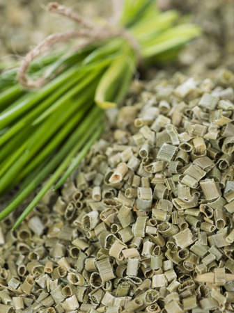Dried Chive (shredded) as detailed studio shotの写真素材