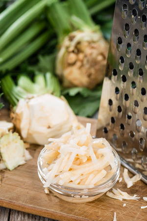 Portion of homemade Celeriac Salad in a bowl (close-up shot)の写真素材