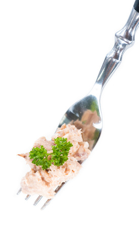 Tuna Salad on a fork isolated on pure white backgroundの写真素材