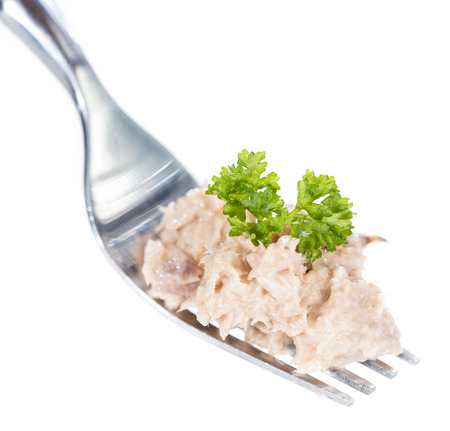 Tuna Salad on a fork isolated on pure white backgroundの写真素材