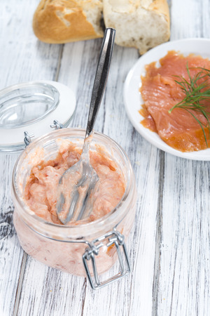 Fresh made Salmon Salad on wooden backgroundの写真素材