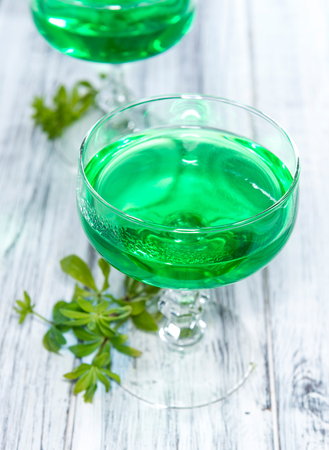 Portion of Woodruff Jelly on a bright wooden backgroundの写真素材