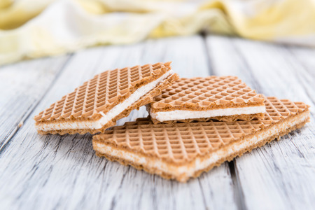 Vanilla Cream Waffles (crispy) on vintage wooden backgroundの写真素材