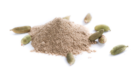 Portion of Cardamon Powder (close-up shot) isolated on white backgroundの写真素材