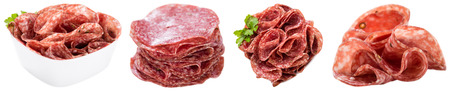 Sliced Salami isolated on white background (selective focus)の写真素材