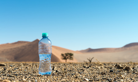 Bottle of water in the middle of the Desert (low angle shot) with dunes in the backgroundの写真素材