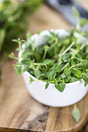 Fresh Thyme (close-up shot; selective focus) on wooden backgroundの写真素材