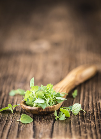 Fresh Oregano (selective focus; close-up shot) on an old wooden tableの写真素材