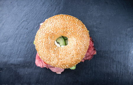 Fresh made Beagle with Roast Beef (selective focus; close-up shot)の写真素材