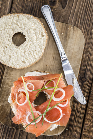 Fresh made Bagel with Salmon (selective focus; detailed close-up shot)の写真素材
