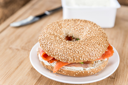 Salmon on a Bagel (selective focus; detailed close-up shot)の写真素材