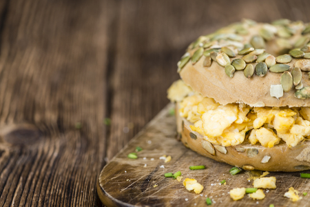 Scrambled Eggs on a Bagel (selective focus; detailed close-up shot)の写真素材