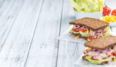 Tuna sandwich with wholemeal bread (selective focus; close-up shot)の写真素材