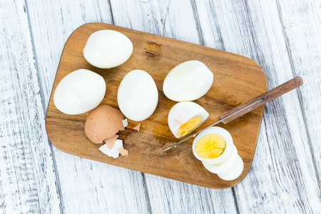 Portion of boiled Eggs (detailed close-up shot; selective focus)の写真素材