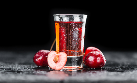 Some homemade Cherry Liqueur as detailed close-up shot, selective focusの写真素材