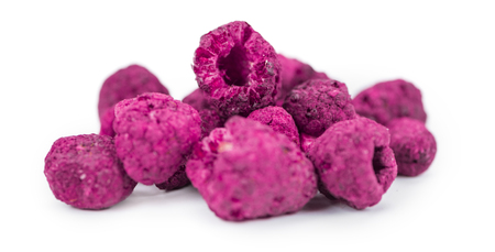 Fresh made Raspberries (dried) isolated on white background; close-up shotの写真素材