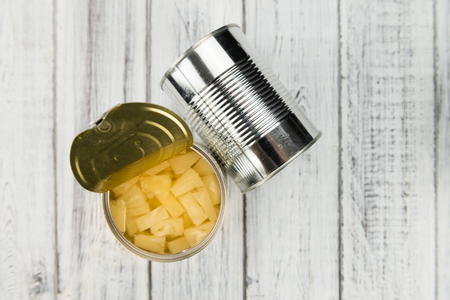 Portion of fresh Preserved Pineapple pieces  close-up shot; selective focusの写真素材