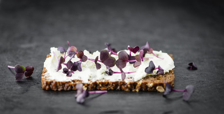 Cream Cheese on a slice of bread topped with fresh Cress (selective focus; close-up shot)