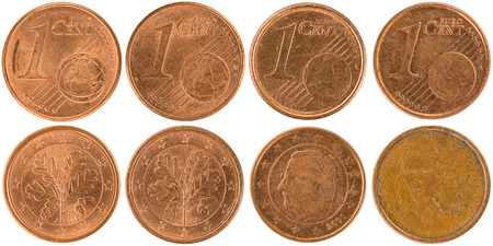 Some used European 1 Cent Coins (front and back) isolated on white background