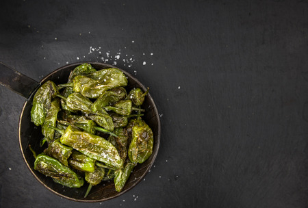 Portion of Pimientos de Padron on a rustic slate slab, selective focus, close-up shotの写真素材
