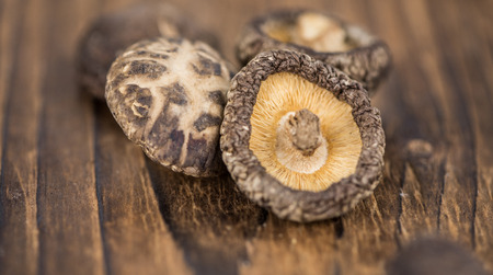 Some homemade Shiitake mushrooms (dried) as detailed close-up shot, selective focusの写真素材