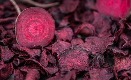 Fresh Beetroot Chips as detailed close-up shot (selective focus)の写真素材