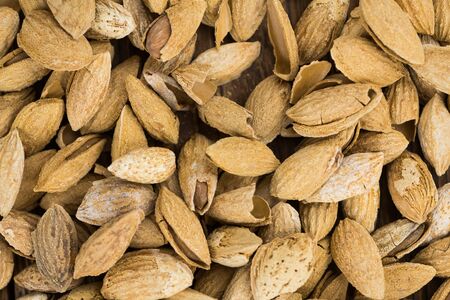 Roasted Almonds (in shell) as full size background image (selective focus)