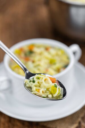 Portion of homemade Alphabet Soup (selective focus; close-up shot)の写真素材