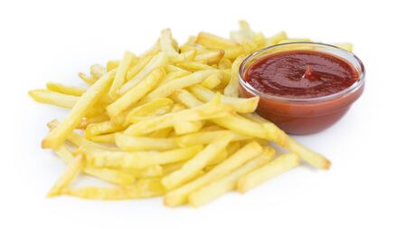 Portion of French Fries isolated on white background (close-up shot)の写真素材