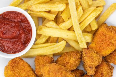 Homemade Chicken Nuggets on vintage background (selective focus; close-up shot)の写真素材
