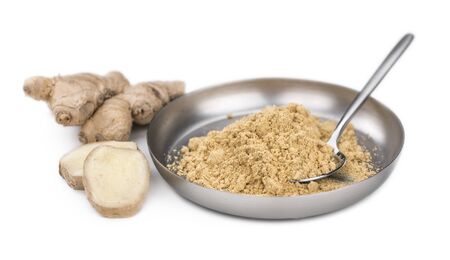 Portion of Ground Ginger isolated on white background (selective focus)