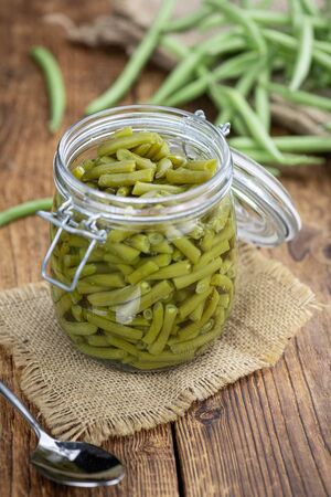 Portion of canned Green Beans (close-up shot; selective focus)の写真素材